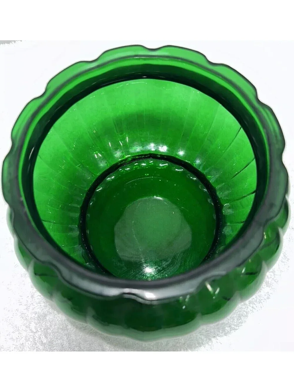 A.L.R. Co Ribbed Round Vase Planter Emerald Green Depression Glass Vintage R-19